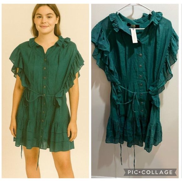 Anthropologie NWT Green Ruffle Sleeve Button Down Dress Boho Dainty Cottage Chic - Picture 1 of 9